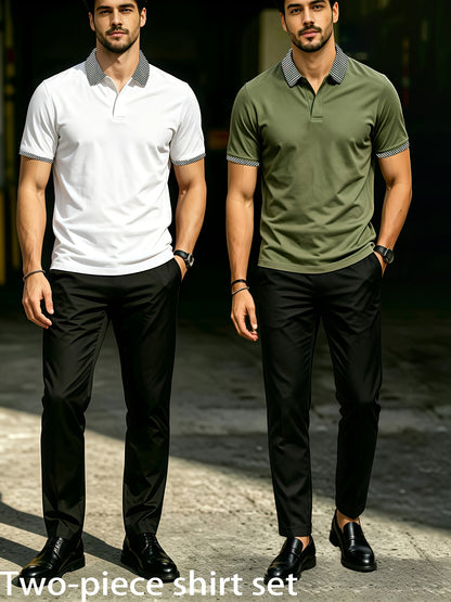 Men's Summer Plaid Collar Polo & Black Pants Casual Set