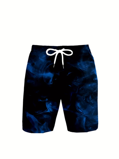 Men's Quick-Dry Blue Geometric Swim Shorts with Adjustable Waist