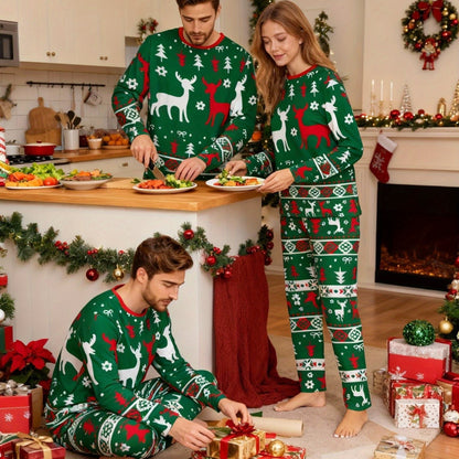 [MEN/WOMEN] Couple Style Christmas Pajamas Loungewear, New Year Gift Christmas Reindeer Print Top with Striped Pants, Long Sleeve Long Pants Pajama Set for Men or Women, Holiday Loungewear Set