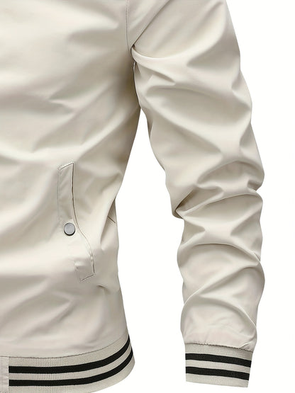 Men's Stand Collar Long Sleeve Zip Up Sports Jacket With Contrast Trim Design, Men's Spring Fall Outwear, As Gifts