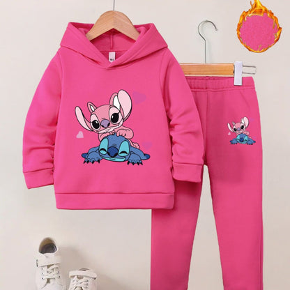 Series Stitch Girls' Two-Piece Autumn Winter New Hoodie Set - Available in Multiple Colors, Cartoon Print Embellishments, 3-10 Years Old, Outdoor Activity Fleece, for Outdoor, Thick
