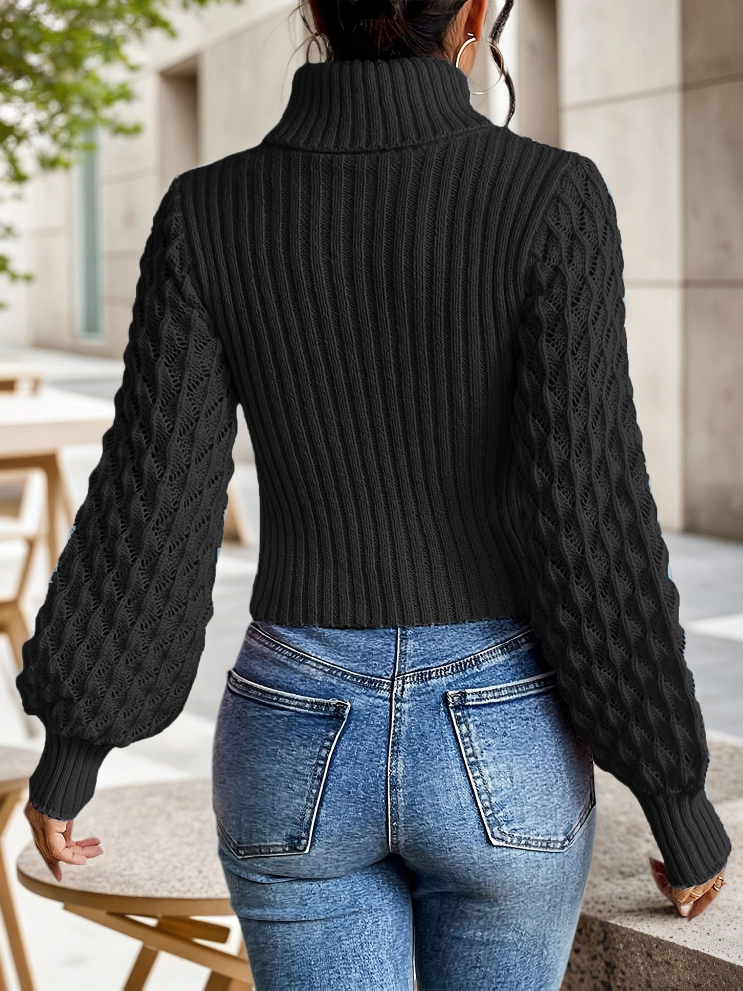 Casual High Neck Solid Color Lantern Sleeve Sweater | Short Length, Rib, Pullover Style, Suitable for All Seasons