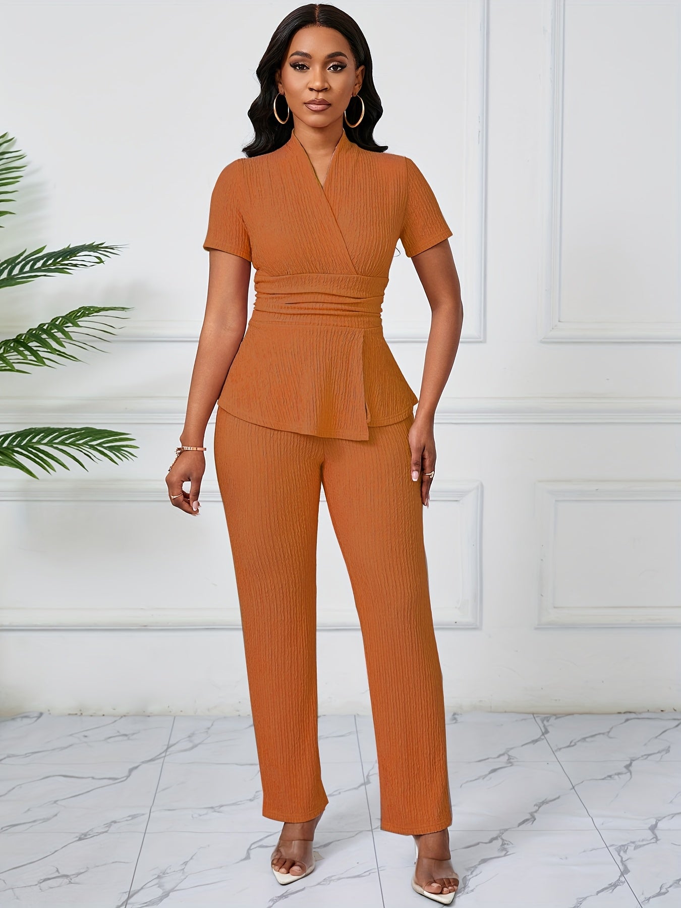 Women's Elegant Casual Solid Color Textured Pants Set