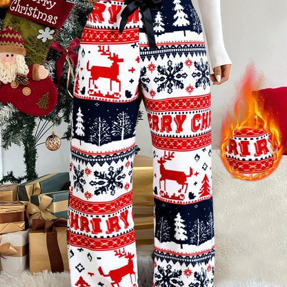 Women'S Winter Warmth Pants - Cozy Fleece-Lined Wide-Leg Trousers with Elastic Waist & Cuffed Hem, Red & Snowflake & Reindeer Print, Bohemian Style For Cold Weather, Winter Pants, Cold Weather Apparel, Soft Fabric Trousers, L