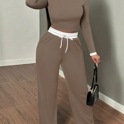 A Two-Piece Set Featuring a Sexy Color-Block Round-Neck Long-Sleeve T-Shirt Paired with High-Waisted Belted Trousers - ayq
