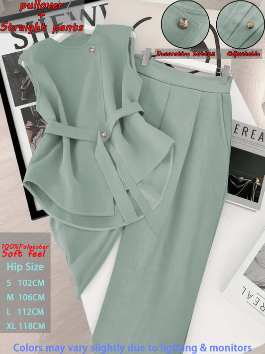 Women's Elegant Two-Piece Sleeveless Pullover Set with Adjustable Wais