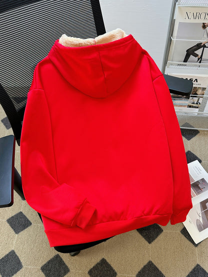 Women'S Plus Size Winter Warm Hooded Sweatshirt with Merry Christmas & Happy New Year Print - Thick Fleece-Lined Oversized Pullover, Cozy Casual Sweater for Christmas, Halloween Gifts, Christmas Sweatshirt, Festive Clothing,