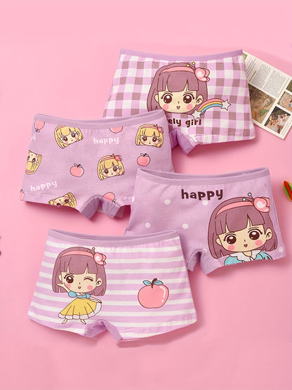 4-Pack Girls' Cute Fruit Pattern Cotton Boxers Underwear