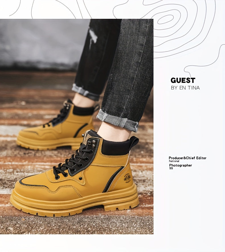 Men's Trendy Solid Ankle Boots, Comfy Non Slip Lace Up Durable Shoes for Men's Outdoor Activities