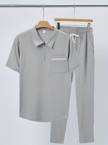 Men's Casual Fashion Short-Sleeve Zip-Up Suit, Suitable for All Seasons - ayq