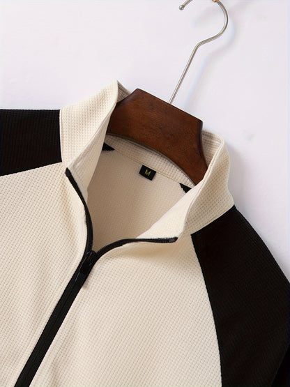 Men's Sporty Color Block Zip-Up Jacket & Joggers Set - Polyester Blend, Perfect for Spring/Fall