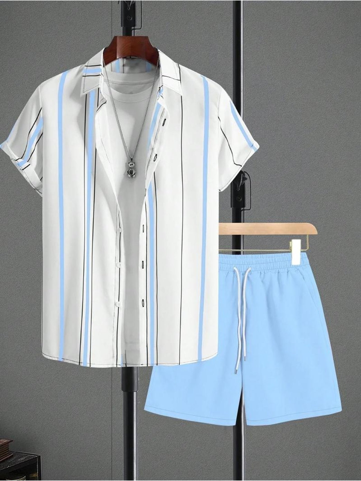 Men's Casual Summer Set - Striped Short-Sleeve Shirt & Shorts