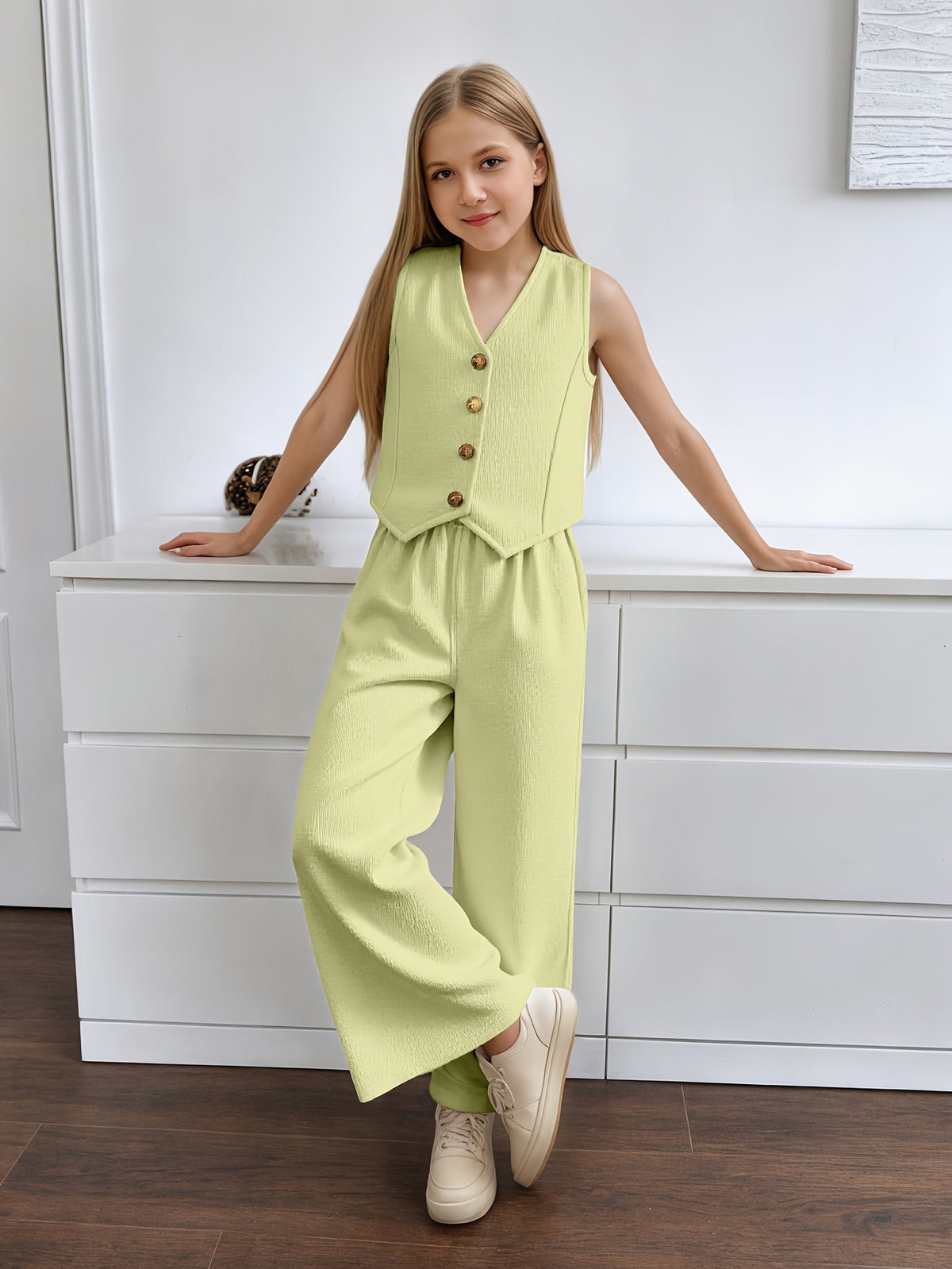 Girls' Summer Casual Set: Vest and Wide-Leg Pants Outfit