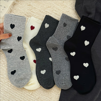 Women's 5 Pairs Mid-Calf Heart Pattern Socks, Soft Polyester