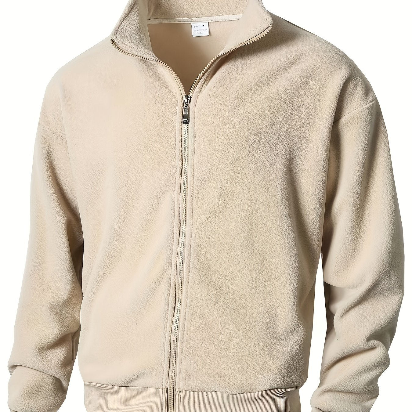 1pc Men'S Casual Sports Fleece Jacket - Solid Color Polyester Knit with Slight Stretch, Stand Collar, Long Sleeve, Regular Fit, Zipper Closure, Daily & Casual Wear