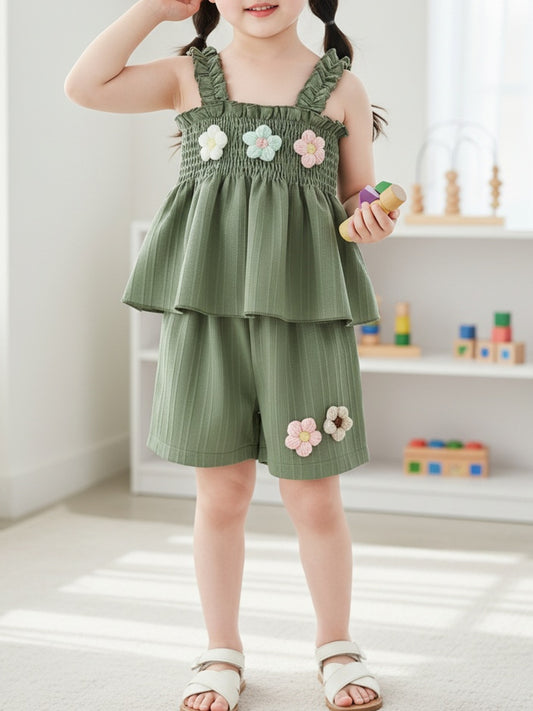 Girls' Summer Cute Floral Shorts and Sleeveless Top Set