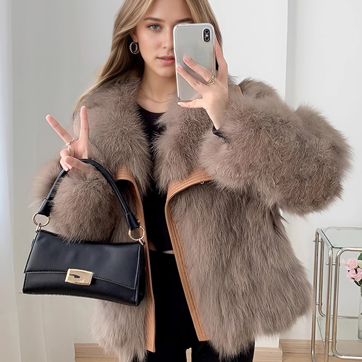 Women'S Elegant Fox Fur-like Plush Jacket - Winter Coat with Large Lapel Collar, Thick Warm Outerwear, Loose Fit H-Silhouette, No Belt Needed, for Everyday & Formal Events - Luxury Cold Weather Jacket, Ladies Winter Coats, Se
