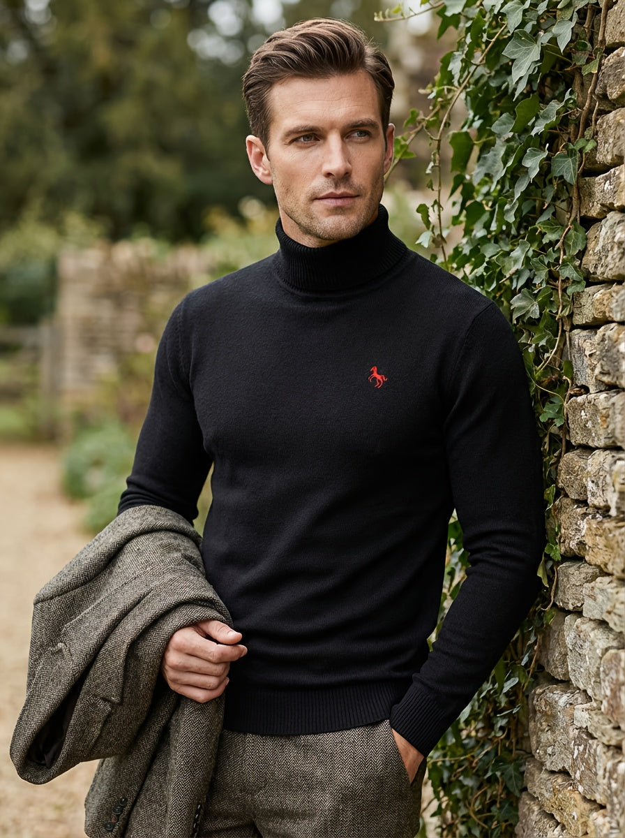 Men'S High-Neck Knitted Sweater | Slim Fit Pullover with Embroidered Spurs Design, Soft and Comfortable, Rayon Fabric, Fall/Winter Collection