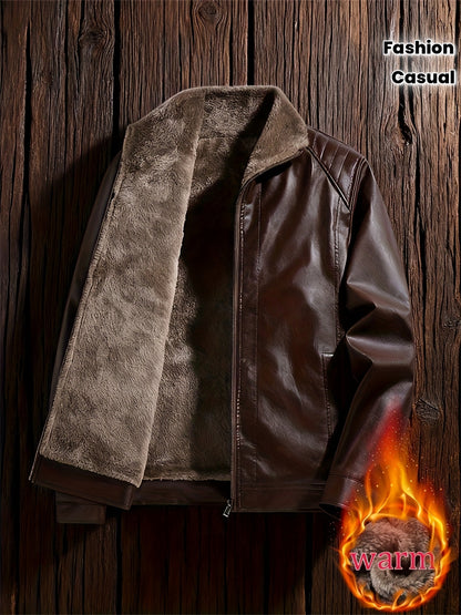 Men'S Faux Leather Jacket with Fleece Lining, a Warm Winter Coat Featuring a Stand Collar And Zip Closure, Stylish Casual Menswear, Available in Black/Brown Fashionable Motorcycle Jacket, Windproof And Warm, Perfect for Cold