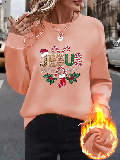 Women's Fleece-Lined Round Neck Pullover Sweatshirt - "JESUS" Christmas Print, Comfortable Loose Fit for All Seasons, Festive Holiday Design Casual Top