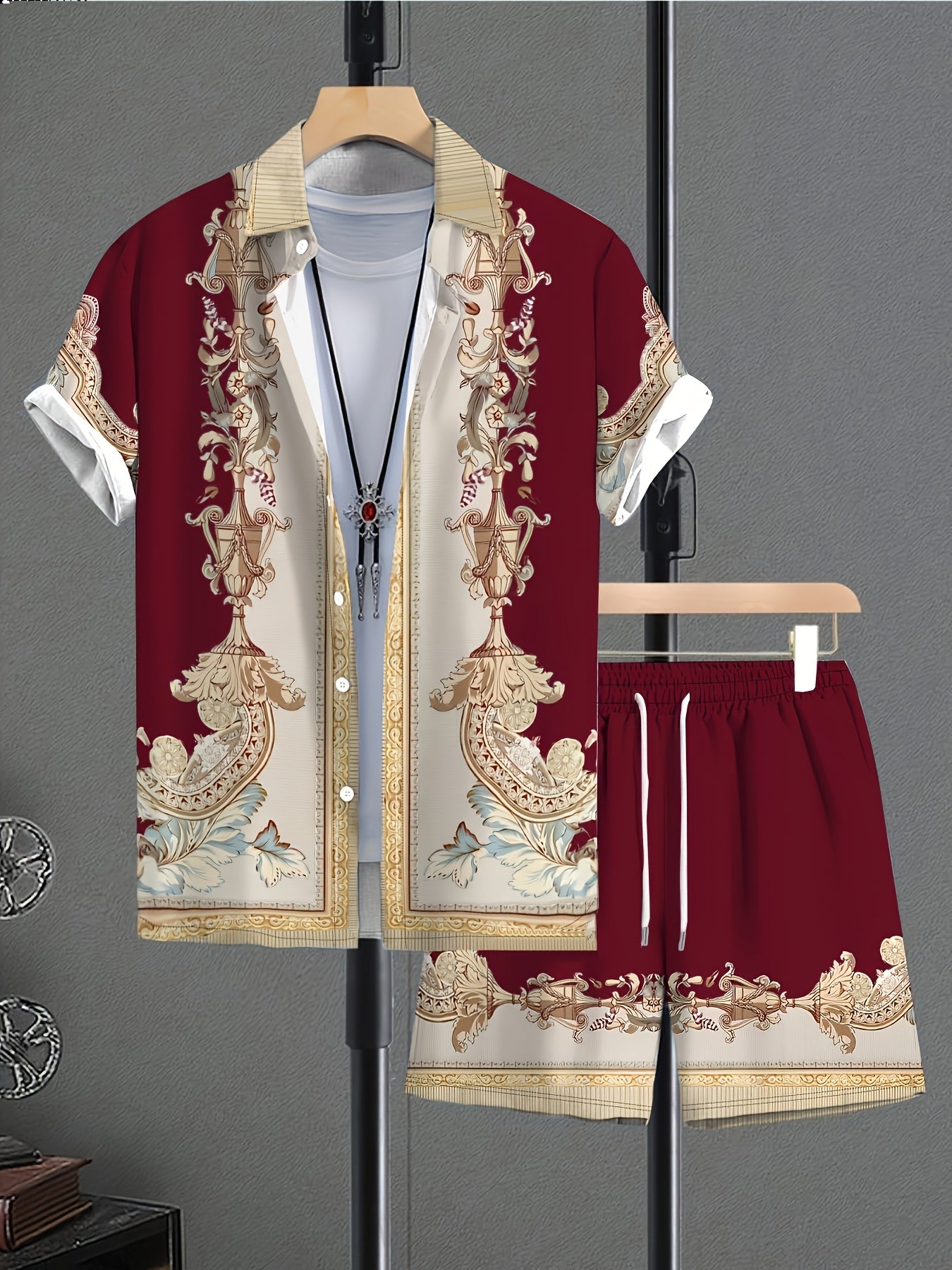 Men's Summer Green Baroque Print Short-Sleeve Shirt & Shorts Set