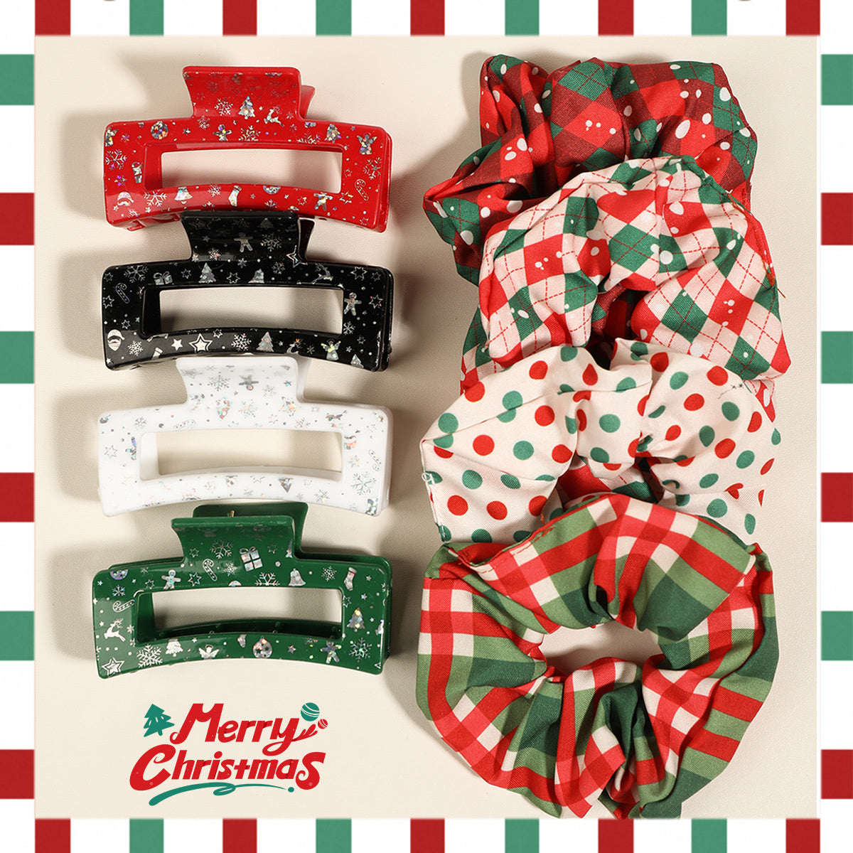 8pcs Set Sparkling Snowflake & Christmas Hair Clips and Scrunchies Bundle - Red/Green/Black/Golden Winter Hair with Elastic Bands, Holiday Party Favors for Women &, Gift Set (Snowflake Patterns, Bows, Bell Designs)