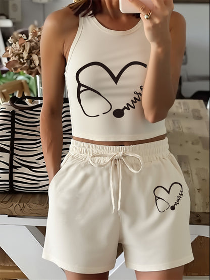 Women's Casual Vest and Shorts Set with Drawstring Detail