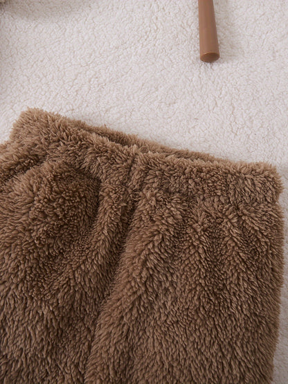 Boys' Autumn and Winter Fashionable Casual Simple Cute Warm Solid Color Plush Bear Embroidered Hoodie Long Pants Two-Piece Set, Perfect for Outdoor