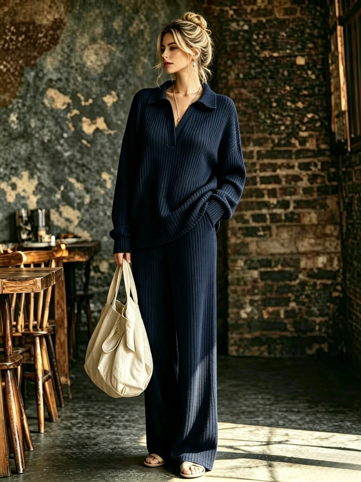 Women's Solid Color V-Neck Long Sleeve Top & Pants Set