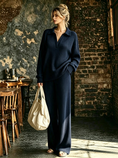 Women's Solid Color V-Neck Long Sleeve Top & Pants Set