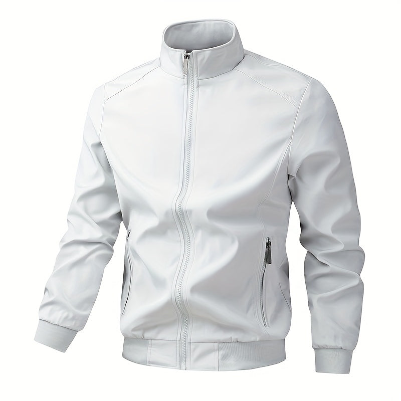 Men's Casual Royal Blue Bomber Jacket - Full Zip, Loose Fit, Polyester, Stand Collar, Long Sleeve, Lightweight & Durable for Spring and Fall, Casual Outerwear | Ribbed Cuff Sleeves | Durable Outerwear