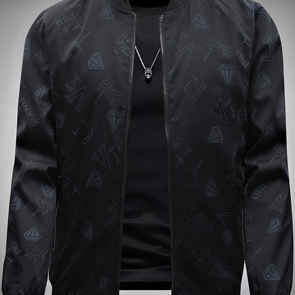 Men's Fashion Bomber Jacket Spring/Fall Collection, Casual Alphabet Print Polyester Jacket with Zipper, Baseball Collar, Long Sleeve, Regular Fit, Non-Stretch Woven Fabric, Casual Outfit with Pocket