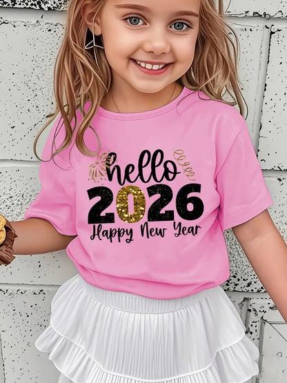 Girls' 2026 New Year T-Shirt - Hello 2026 Happy New Year Graphic Tee with Golden Number 2026, Heart, & Golden Lettering - Lightweight Summer Top for Birthday Party, Girls Clothes