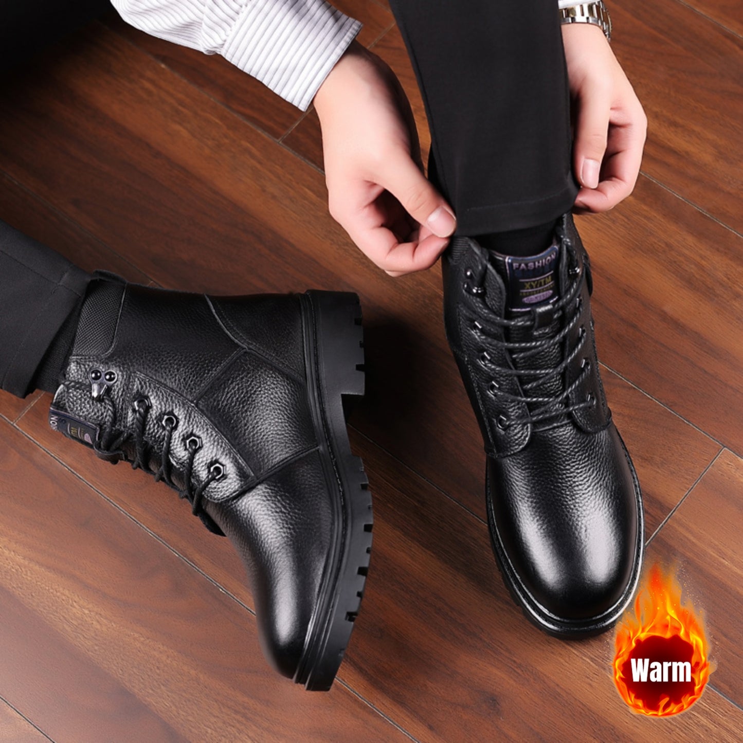 Men'S Winter Boots - Thick Warm Lace-Up Ankle Boots with Non-Slip Rubber Sole, Genuine Leather Upper & Lining, Round Toe for Cold Weather, Office, Formal