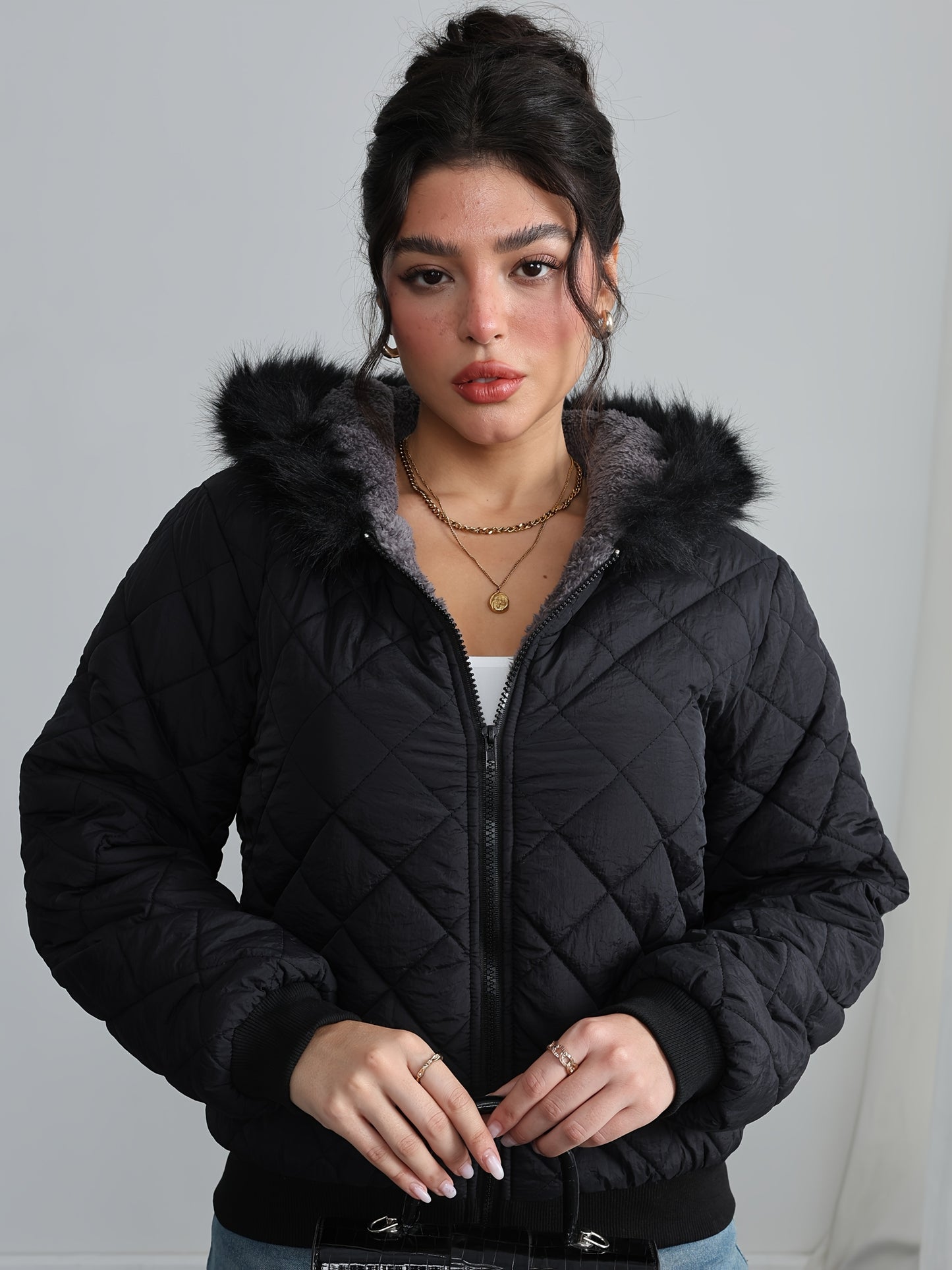 Women'S Cozy Fleece-Lined Hooded Jacket - Casual Long Sleeve, Solid Color, Regular Fit, Long Sleeve, Zip-Up, Casual Style, Casual Outerwear, Winter Jacket