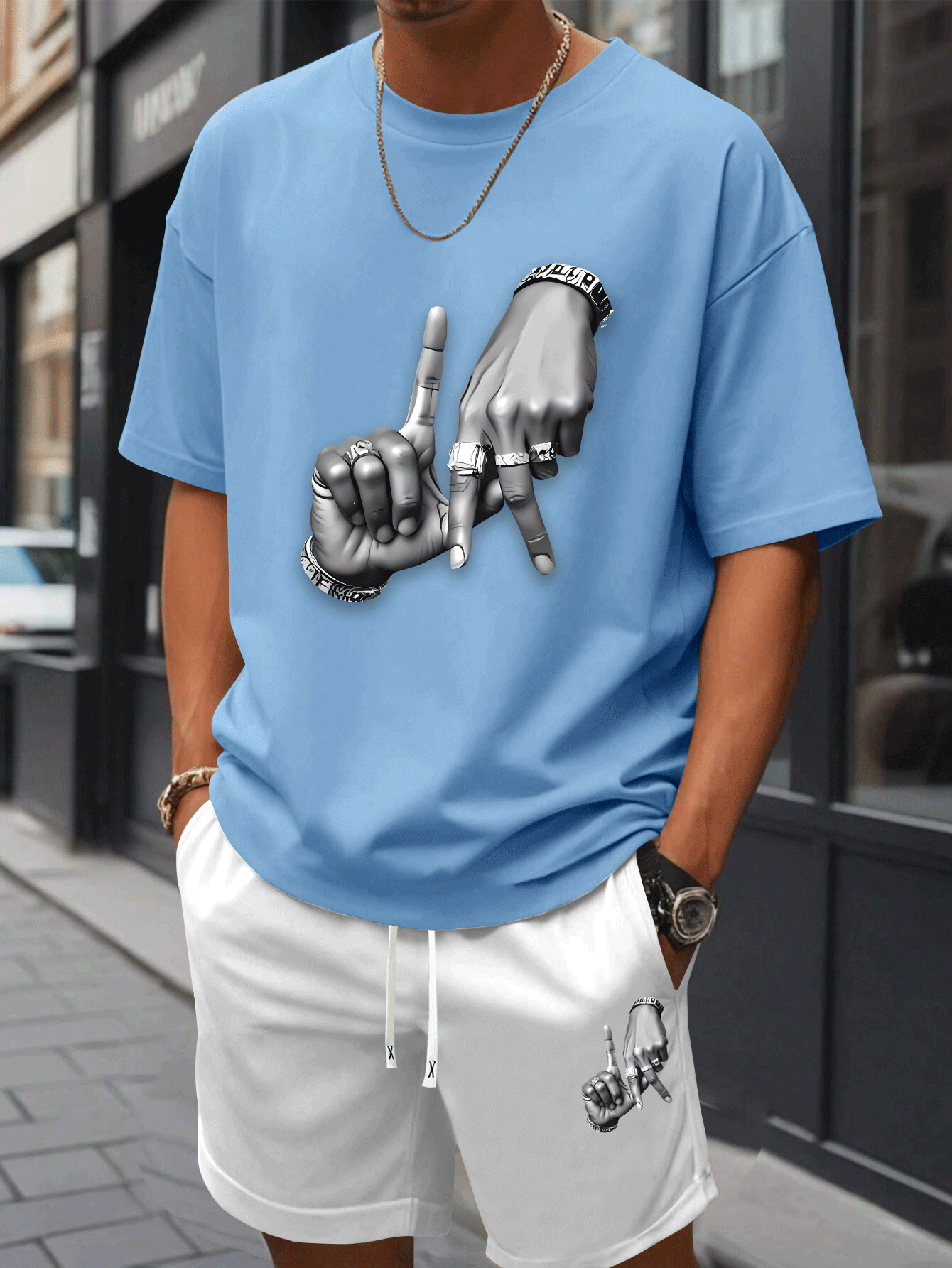 New Summer Men's Printed 2pcs Fashion Casual Suit, Round Neck Short Sleeve T-shirt and Waistband Shorts Set