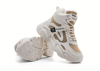 Women's Plush Fleece-Lined High-Top Sneakers - Thick-Soled Winter Warm Lace-Up Shoes with PU Upper & Cushioned PVC Sole, White/Black/Grey Chunky Dad Shoes (Cozy Round Toe) - Instagram Trendy Winter Footwear by I Trend