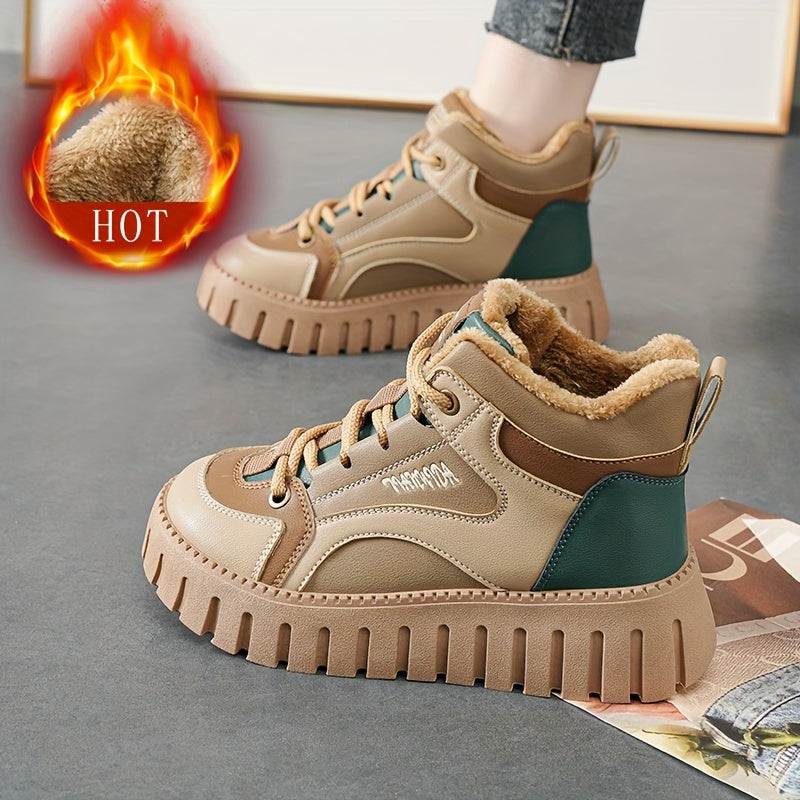 Women's Winter Thermal Snow Boots With Fleece Lining, Height Increasing Platform Thick Sole Comfortable Lace Up Mid Tube Boots