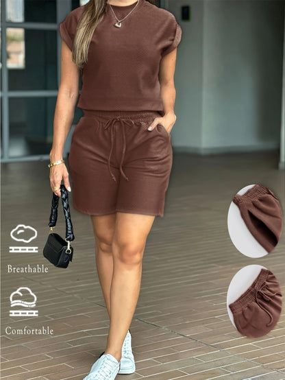 Women's Casual Short Sleeve & Shorts Set with Pockets