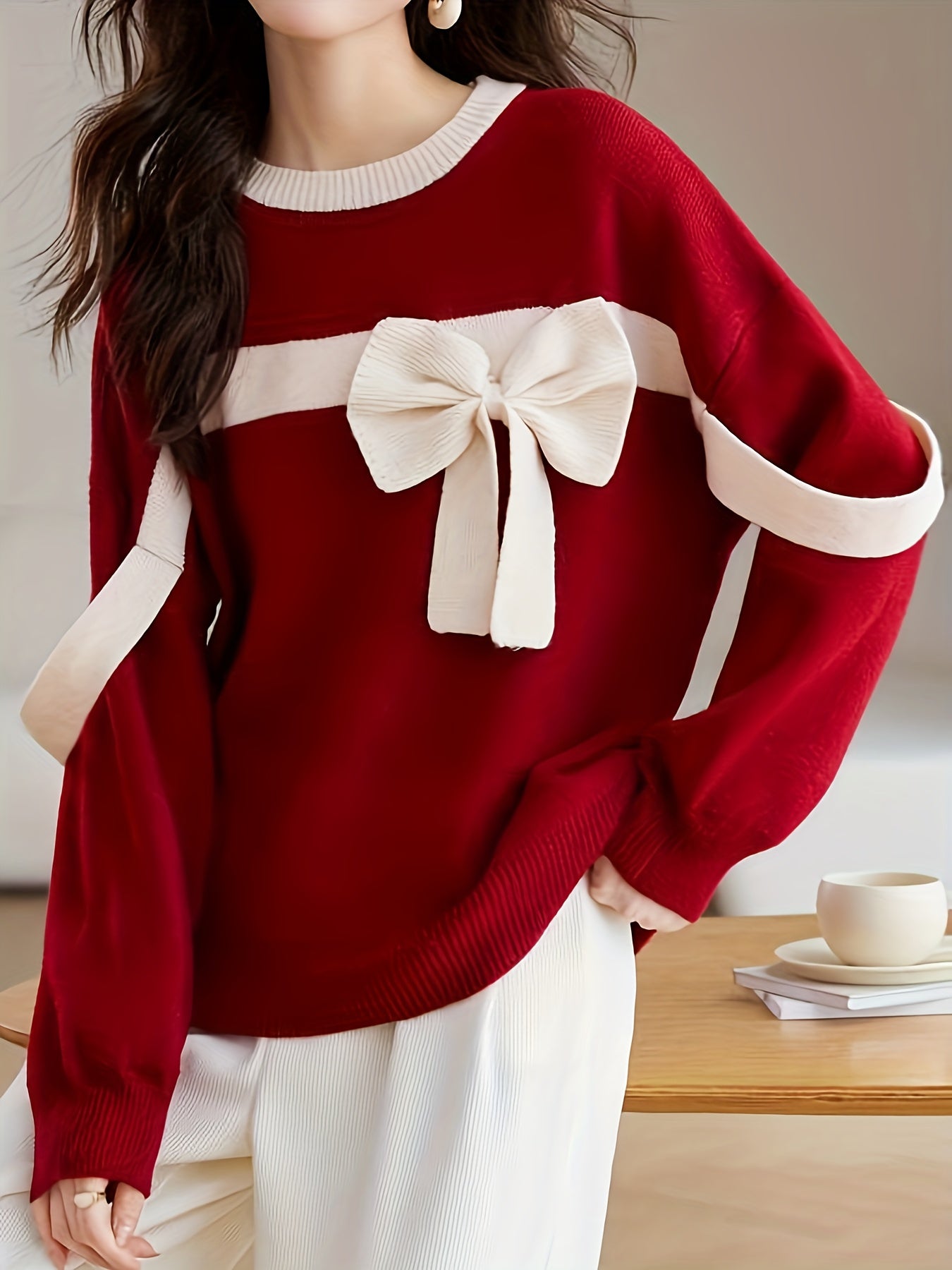 Women'S Elegant Red Sweater with Large Bow Detail - Cozy Crew Neck, Long Sleeve, Ribbed Texture, Perfect for Fall/Winter, Versatile Fashion Top, Winter Fashion Top|Elegant Knitwear|Ribbed Texture Sweater