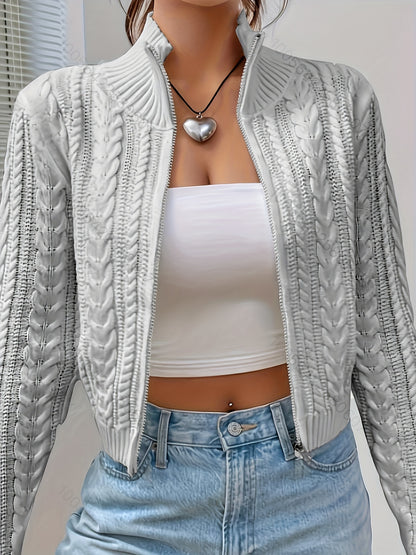 Women's Elegant Zip-Up Cable Cardigan with Stand Collar - Machine Washable Spring/Fall Jacket, White Solid Color, Braided Design & Zipper Front for Casual or Dressy Outfits, Cardigan Sweater, Autumn Layering Piece, Spring Out
