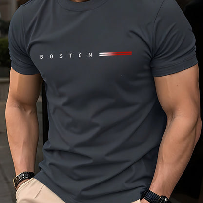 Men's Heavyweight 180gsm Cotton T-Shirt - Dark Gray Crew Neck Tee with Bold "Boston" Print, All-Season Everyday  Formal Shirt for Men - Machine Washable Luxury Casual Top, Versatile Clothing, Modern Design, Premium Fabric, S