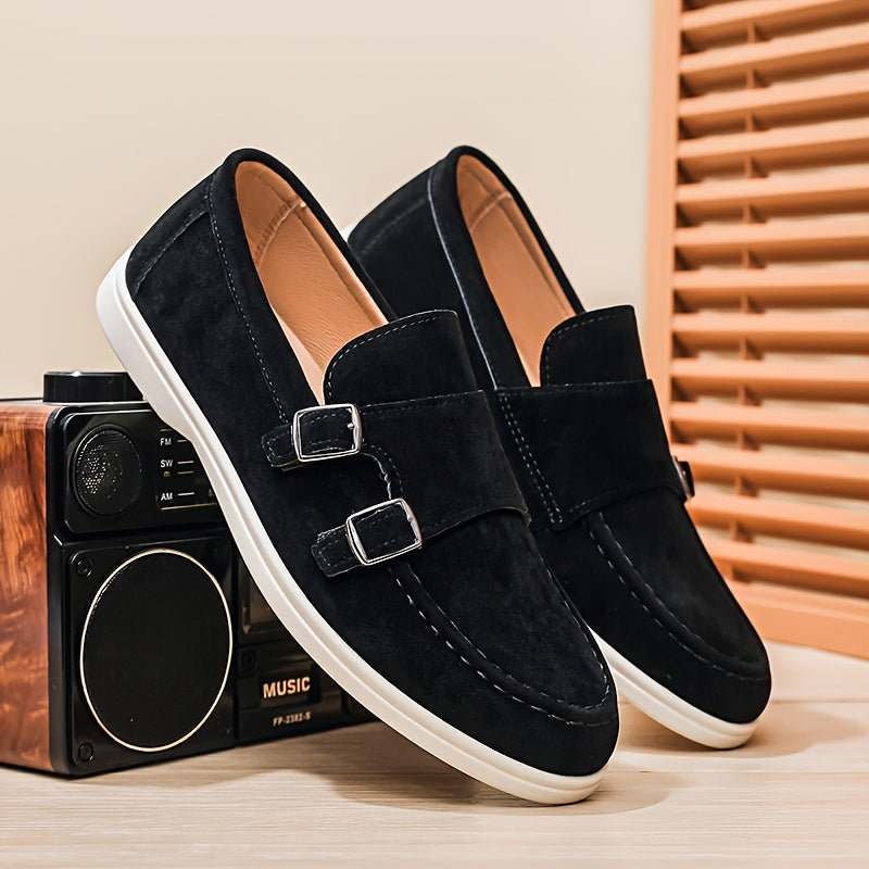 Men's British Style Double Buckle Loafers, Soft Sole Casual Shoes