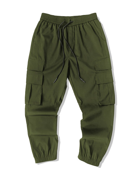 Men's Casual Solid Color Cargo Pants with Drawstring Waist