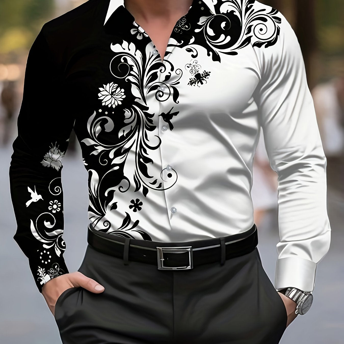 Men'S Casual Floral Print Dress Shirt - Black & White Swirl Design, Button-Up Collar, Long Sleeve, Regular Fit for Spring/Fall, Versatile for Casual & Formal Wear, Spring Fashion, Nonelastic Fabric, Elegant Shirt For Men, Lon