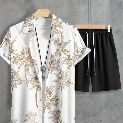 Coconut Tree Print, Men's 2Pcs Outfits, Casual Camp Collar Lapel Button Up Short Sleeve Shirts Hawaii Shirt And Drawstring Shorts Set For Summer, Men's Clothing