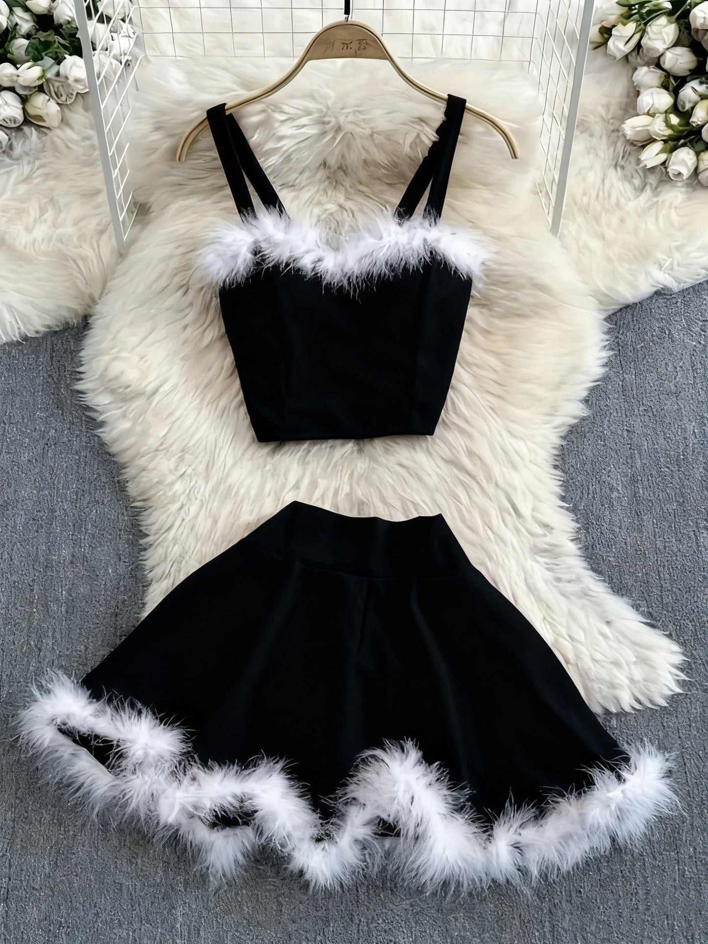 2025 New Christmas Party Event Gathering Date Plush Trim Sweet Sexy Women's Skirt Set