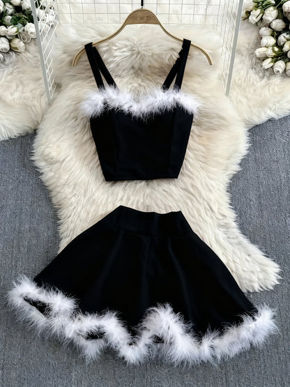 2025 New Christmas Party Event Gathering Date Plush Trim Sweet Sexy Women's Skirt Set