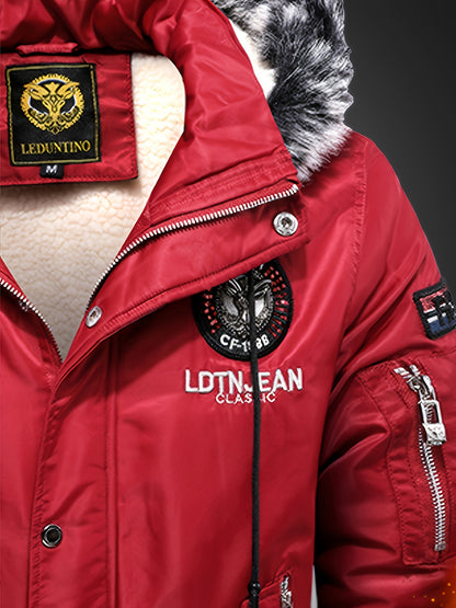 Men'S Heavyweight Winter Jacket with Detachable Hood & 3D Lettering - Full-Zip Windproof Coat, Multi-Pocket Design, Machine Washable