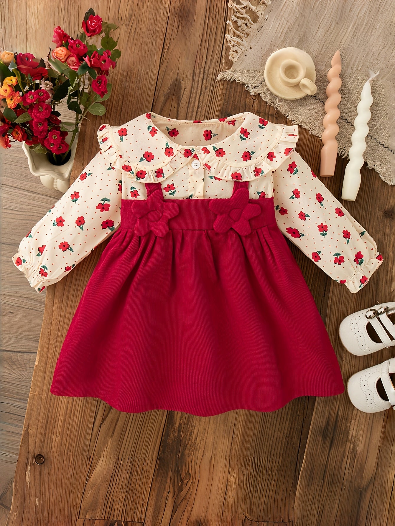 's Red & White Poinsettia & Star Print Dress with Ruffled Collar & Lace Trim - Long Sleeve A-Line Winter Party Dress for Christmas, New Year's, Photo Shoots - Soft Short Dress Outfit (Hand Washable Clothing)